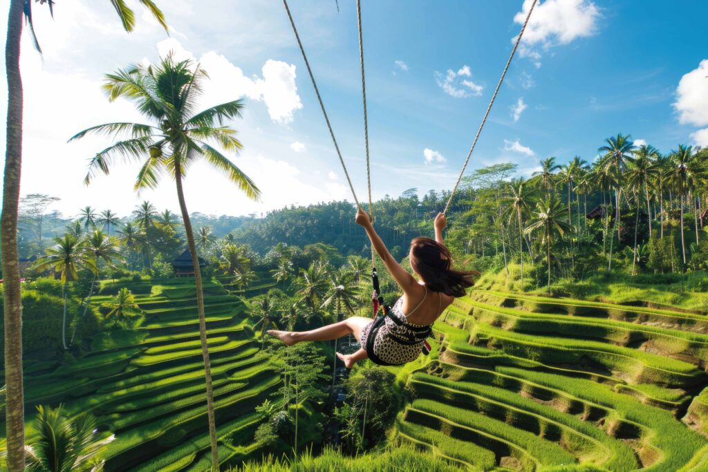 person swinging lush rice fields with dramatic backdrop
